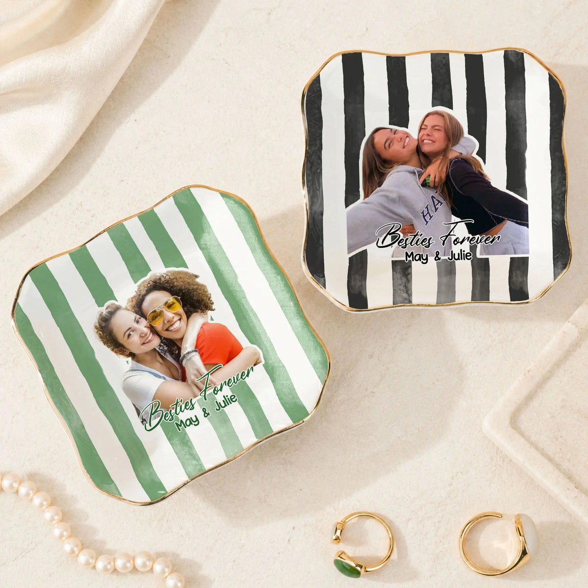 Close-up of Besties Forever Trinket Dish Personalized Ceramic Jewelry Tray for BFF Friendship Gift