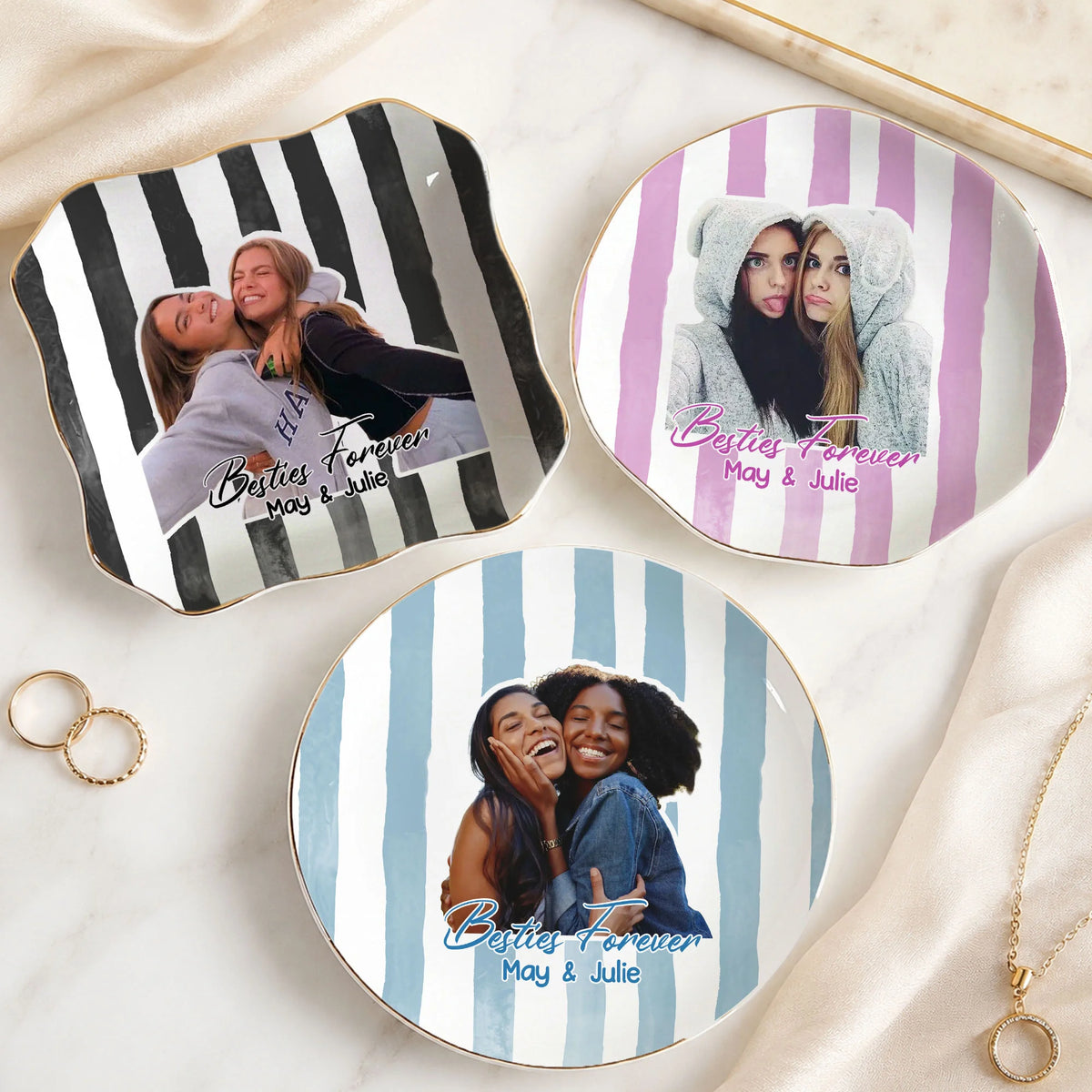 Close-up of Besties Forever Trinket Dish Personalized Ceramic Jewelry Tray for BFF Friendship Gift