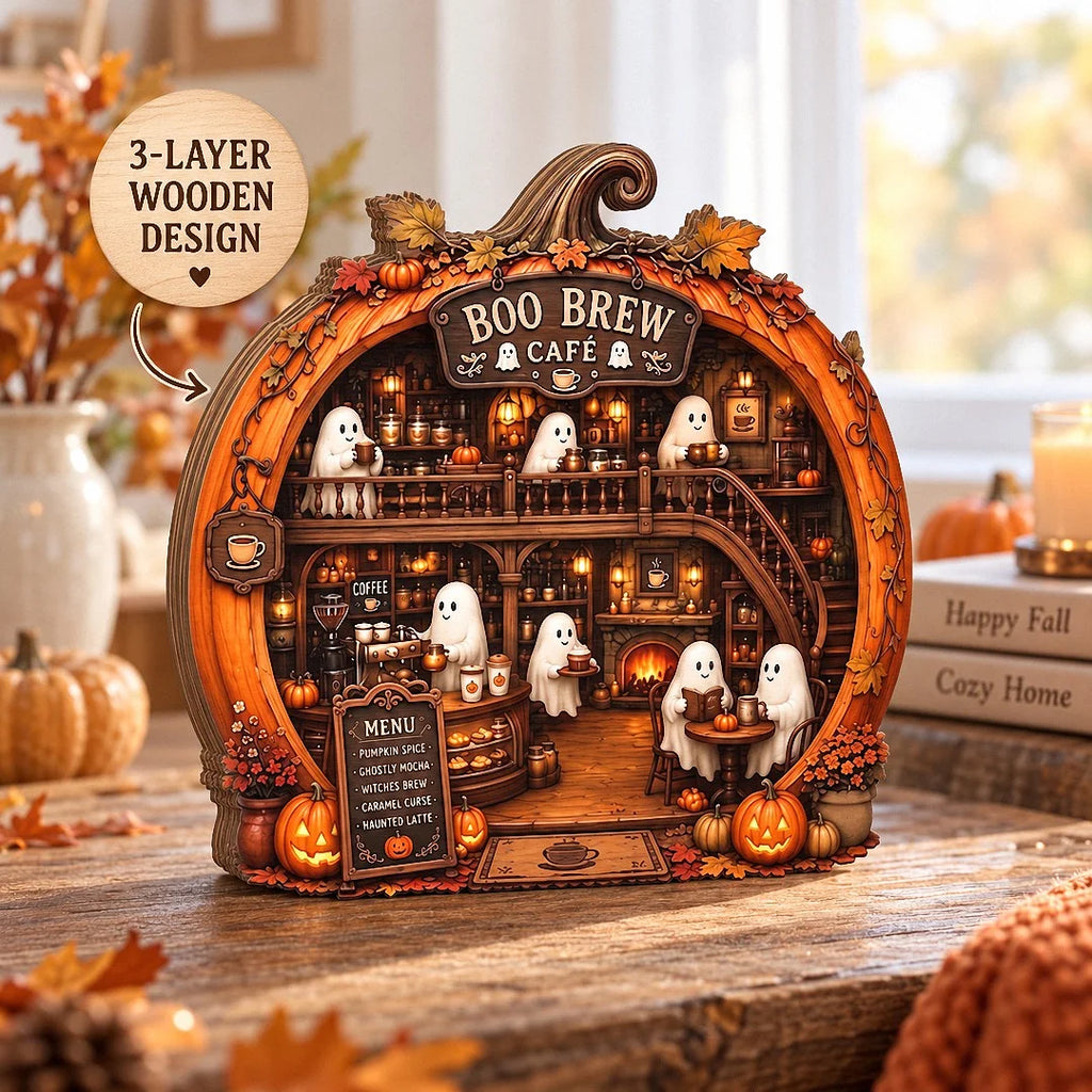 Close-up of Boo Brew Café Halloween Coffee Bar Decor Ornament Cute Ghost Pumpkin Fall Hanging Decoration