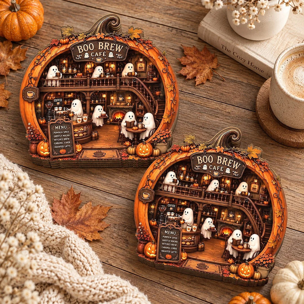 Close-up of Boo Brew Café Halloween Coffee Bar Decor Ornament Cute Ghost Pumpkin Fall Hanging Decoration