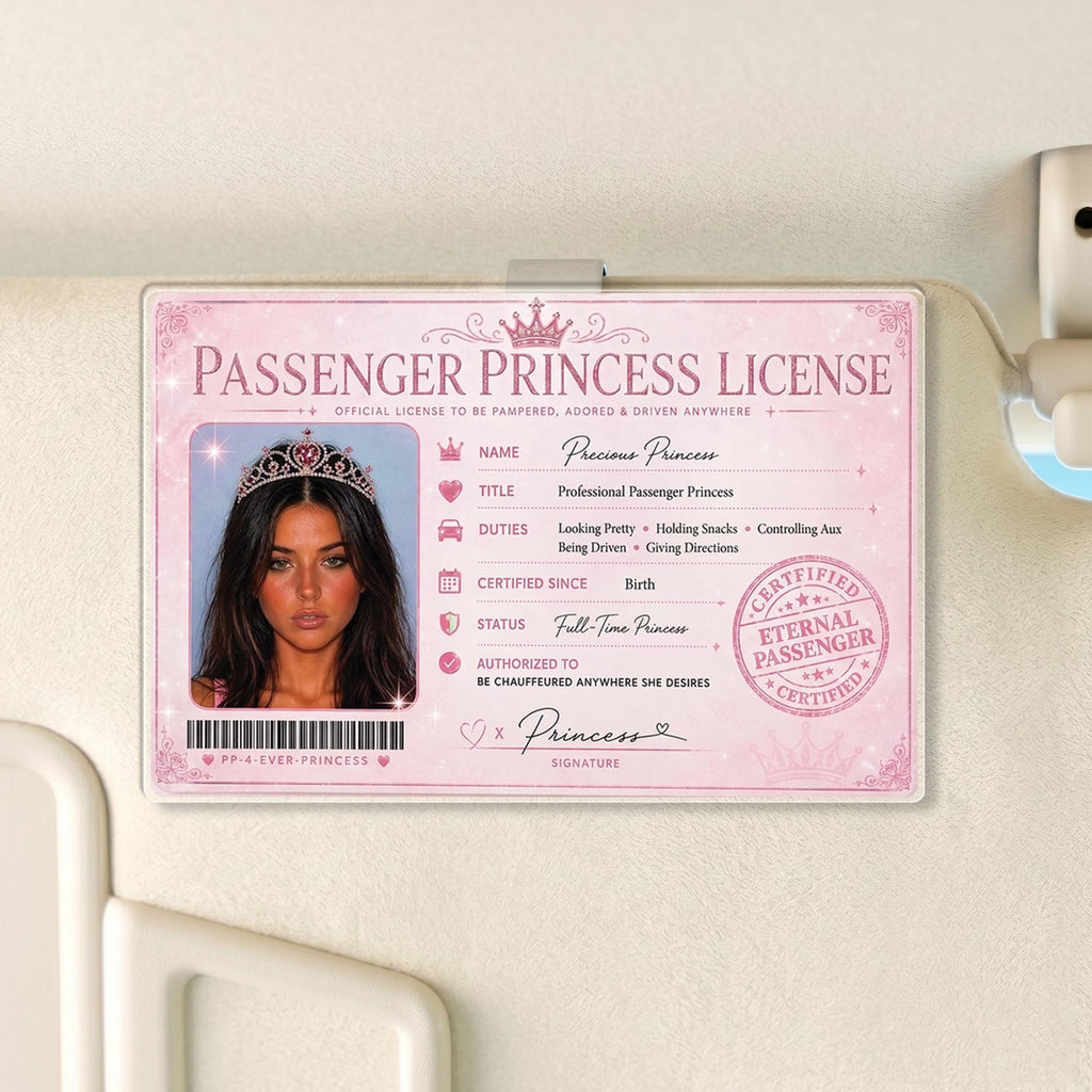 Custom acrylic car visor clip featuring a pink passenger princess license design with a photo frame and crown motif attached