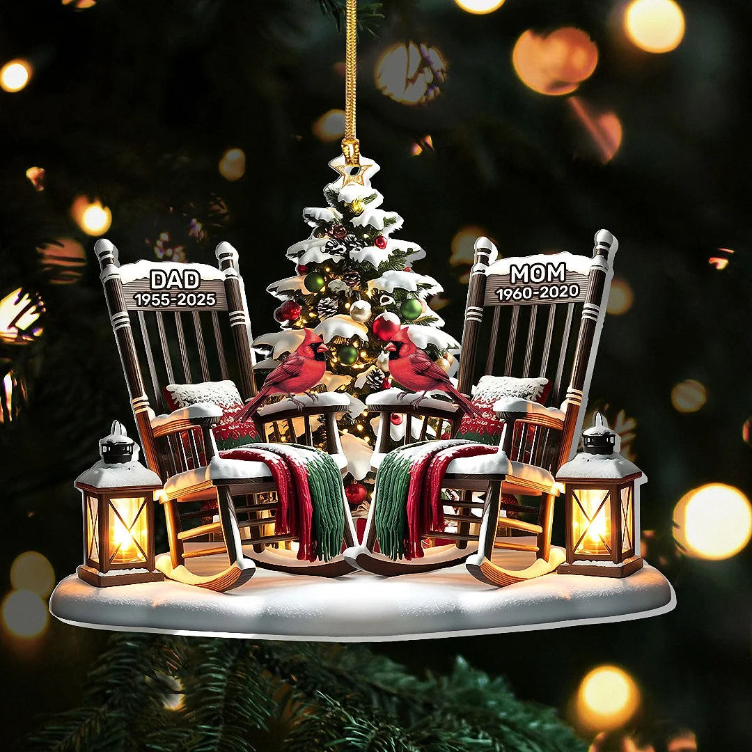Customer in Los Angeles wearing Cardinal Christmas Memorial Ornament, Personalized Remembrance Rocking Chair Keepsake, Sympathy Bere