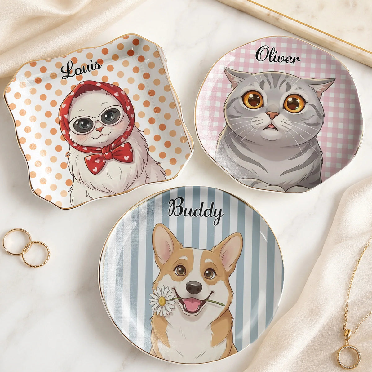 Cat Illustration Ceramic Trinket Tray, Cute Kitten Jewelry Holder & Ring Dish, Personalized Vanity Catchall Tray, Cat Lover Gift