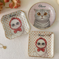 Cat Illustration Ceramic Trinket Tray, Cute Kitten Jewelry Holder & Ring Dish, Personalized Vanity Catchall Tray, Cat Lover Gift