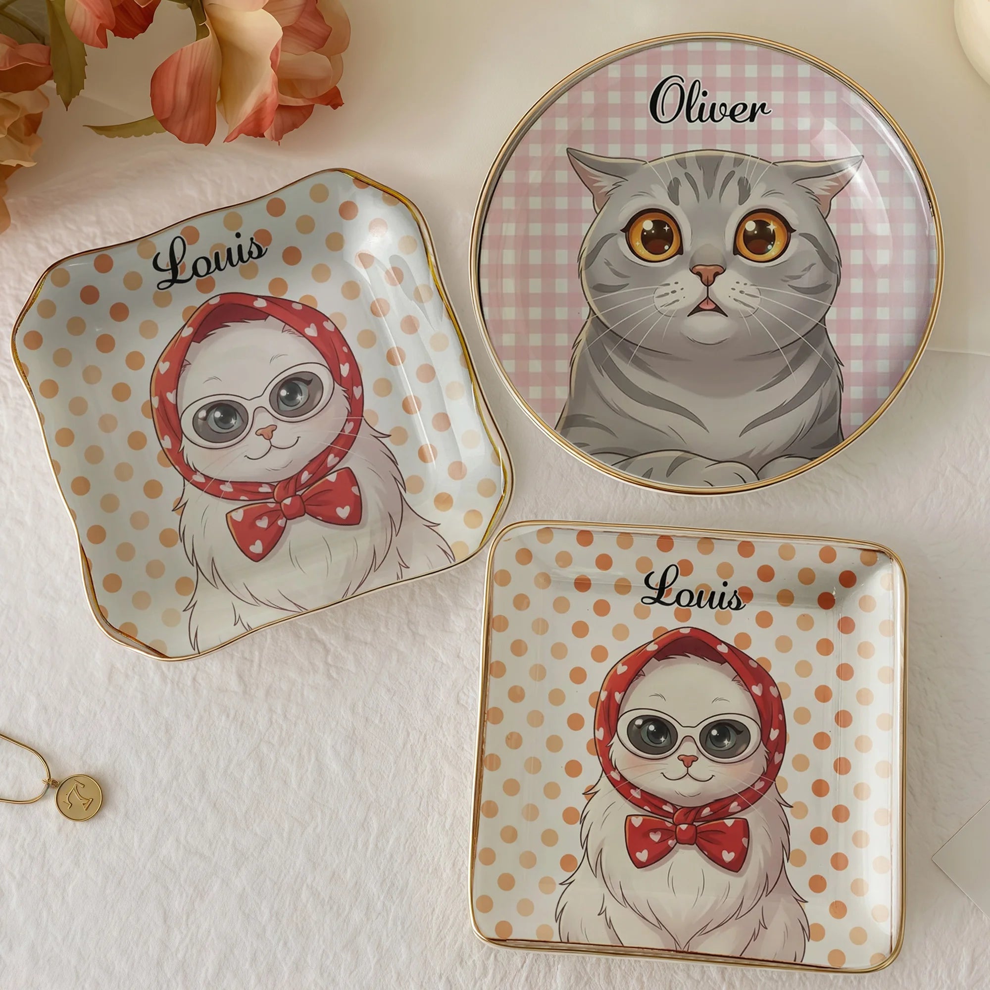 Cat Illustration Ceramic Trinket Tray, Cute Kitten Jewelry Holder & Ring Dish, Personalized Vanity Catchall Tray, Cat Lover Gift