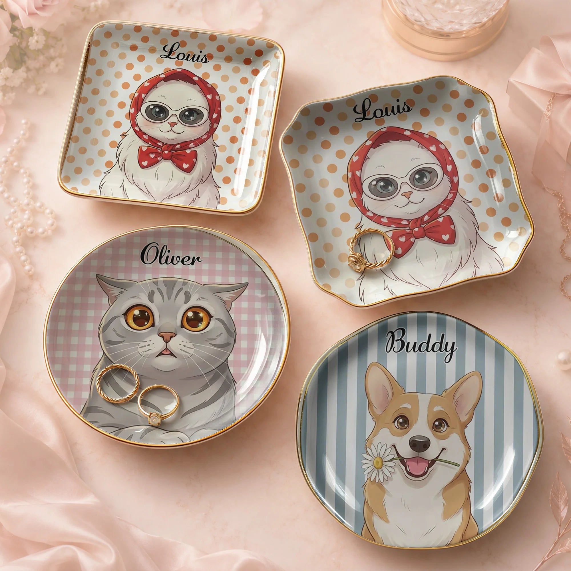 Cat Illustration Ceramic Trinket Tray, Cute Kitten Jewelry Holder & Ring Dish, Personalized Vanity Catchall Tray, Cat Lover Gift