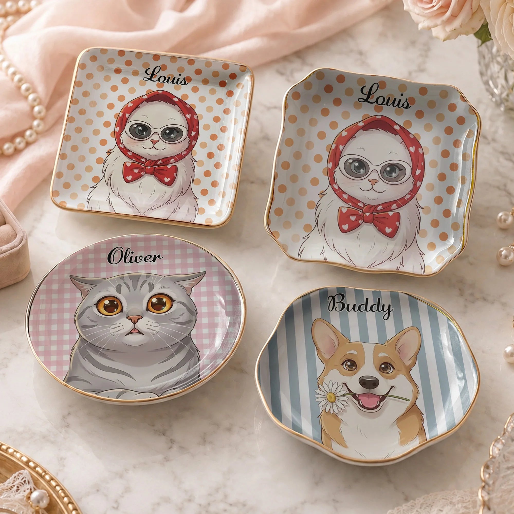 Cat Illustration Ceramic Trinket Tray, Cute Kitten Jewelry Holder & Ring Dish, Personalized Vanity Catchall Tray, Cat Lover Gift