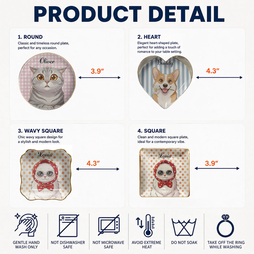 Product detail infographic showing round, heart, wavy square, and square ceramic trinket tray dimensions.