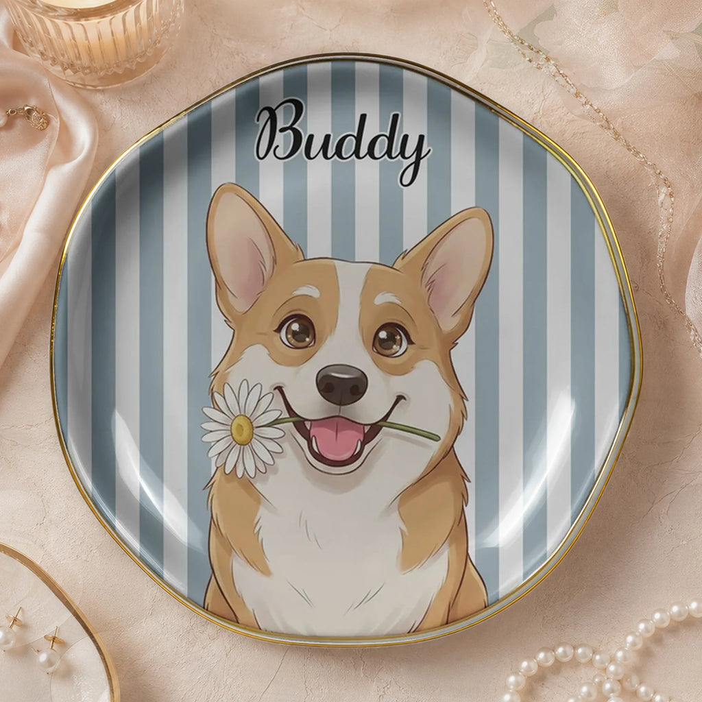 Round ceramic cat ring dish with blue vertical stripes, gold trim, and the custom name Buddy above an illustrated feline