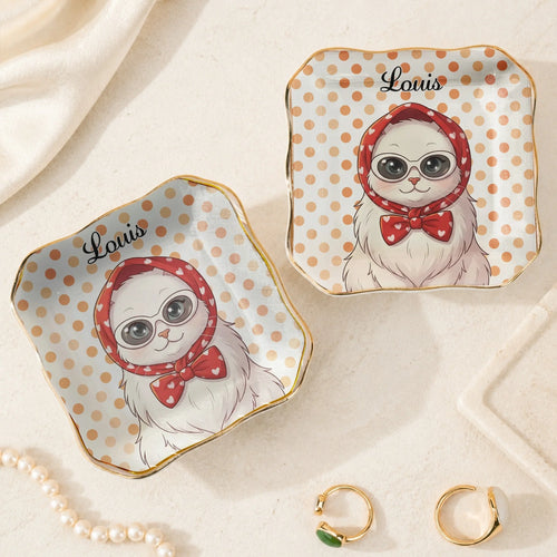 Cat Illustration Ceramic Trinket Tray, Cute Kitten Jewelry Holder & Ring Dish, Personalized Vanity Catchall Tray, Cat Lover Gift