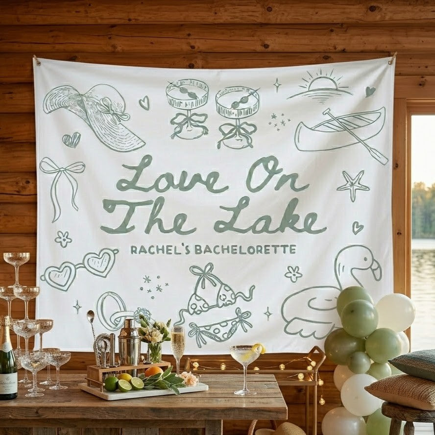 Personalized Lake Bachelorette Party Banner Tapestry Party Backdrop For Bridesmaids Preppy Coastal Glamping Aesthetic White Fabric Print Love On The Lake Decor Line Art Flamingo Float Graphic