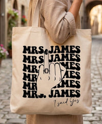 Custom Mrs Last Name Canvas Tote Bag for Alt Bride Edgy Retro Aesthetic Natural Cotton Bachelorette Party Gift Funny Engagement Ring Middle Finger Graphic Future Mrs Honeymoon Bridal Shower Survival Kit Accessory