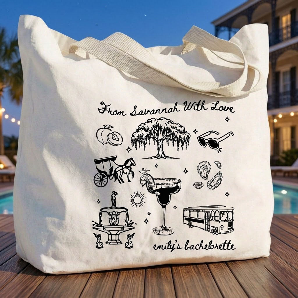 Custom Savannah Bachelorette Girls Trip Favor Canvas Tote Bag Bridesmaids Bridal Party Southern Charm Coastal Preppy Aesthetic Natural Cotton Canvas Reusable Welcome Gift Bag Weeping Willow Peach Print Weekend Getaway Hangover Kit