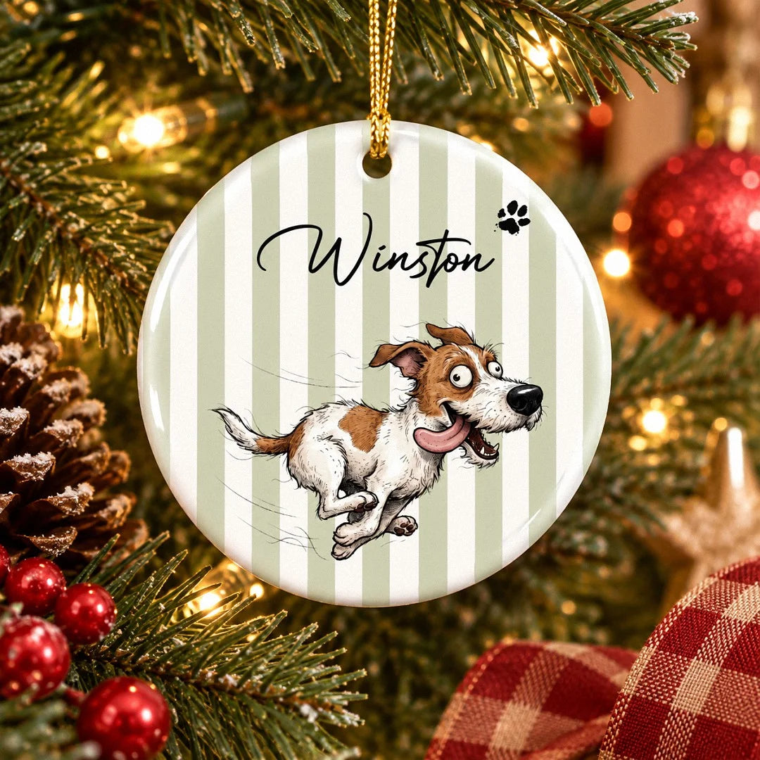 Close-up of Custom Dog Portrait Ornament Personalized Pet Christmas Tree Decoration with Name
