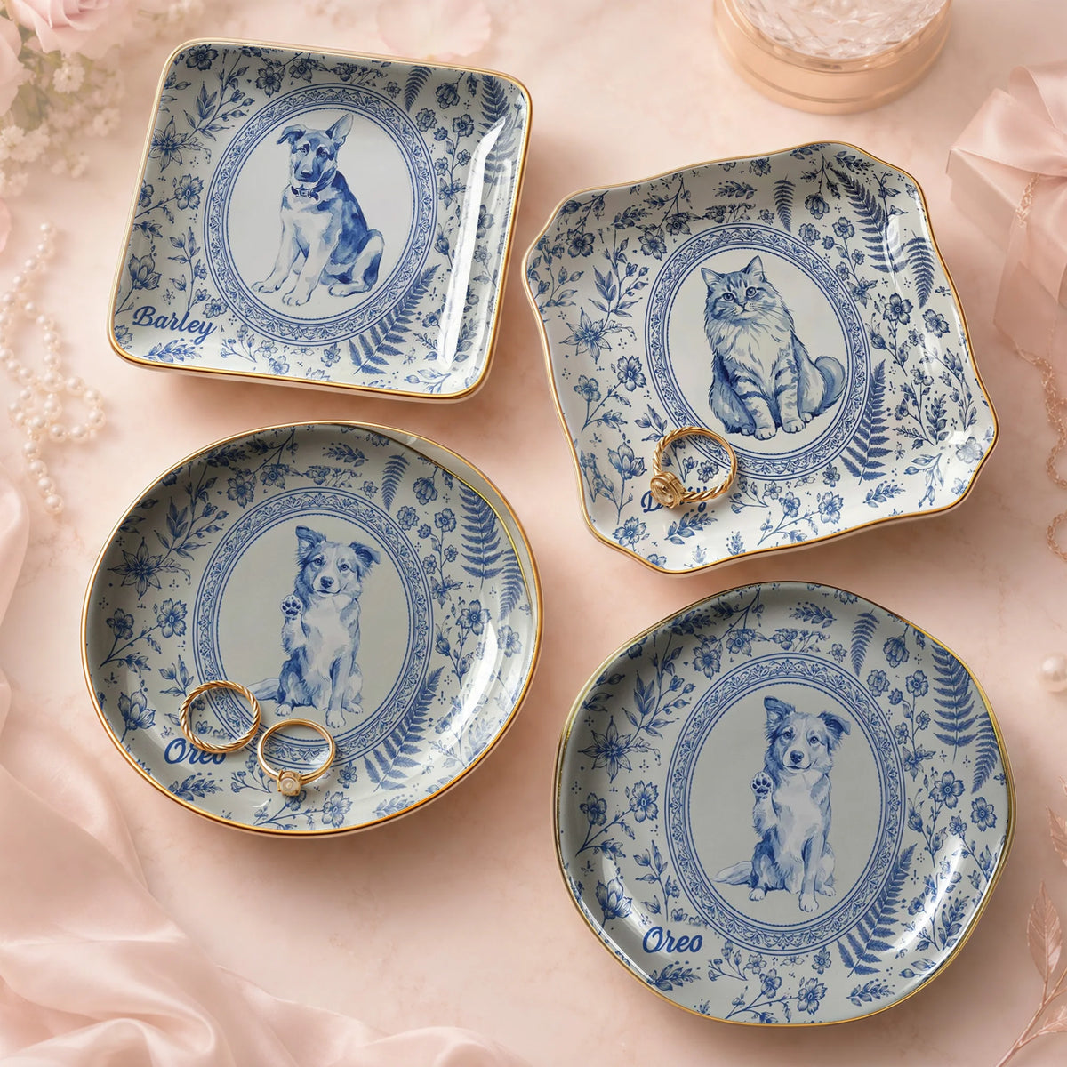 Custom Pet Portrait Chinoiserie Ring Dish, Personalized Ceramic Jewelry Tray Dish for Dog Mom Cat Mom Pet Memorial Keepsake Gift