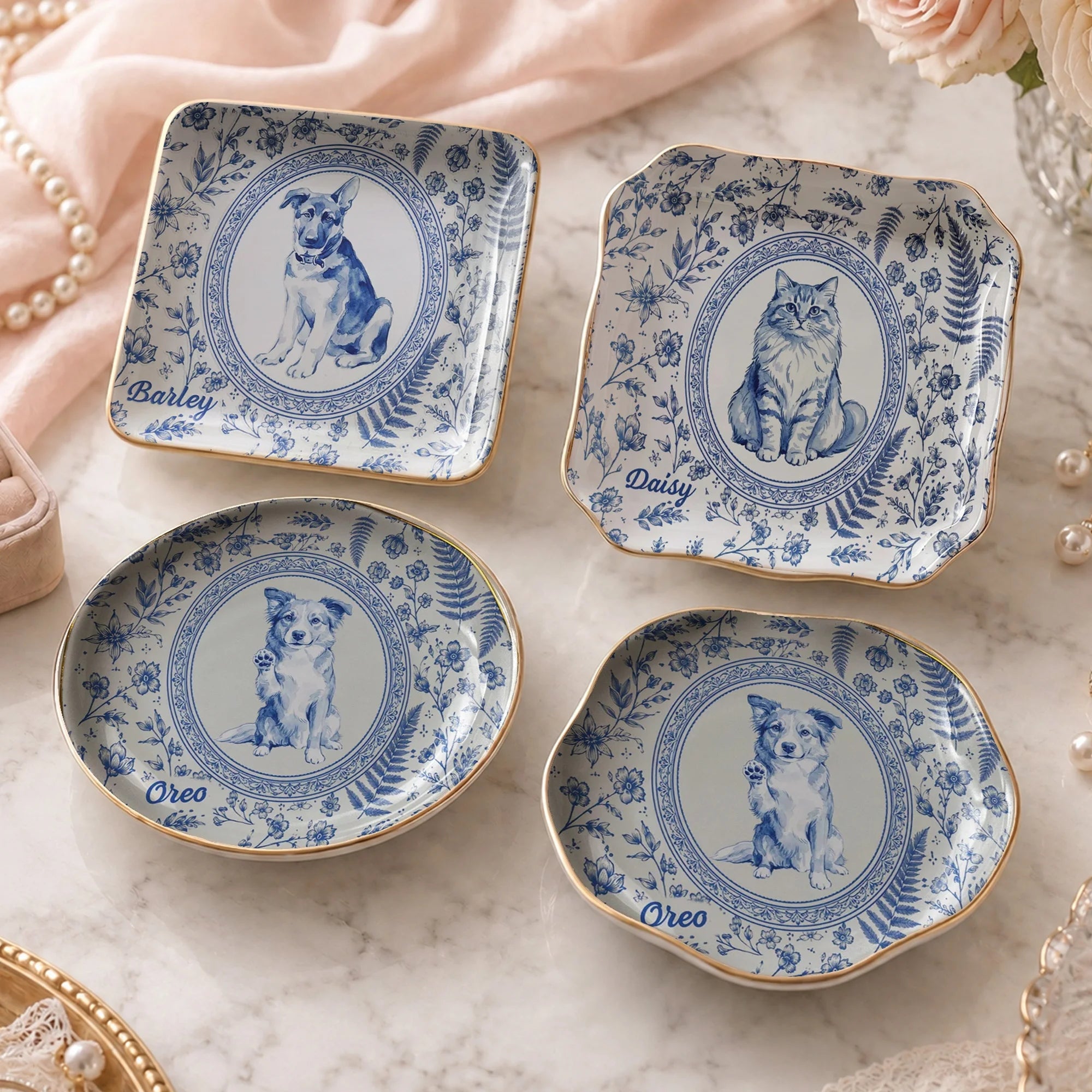 Custom Pet Portrait Chinoiserie Ring Dish, Personalized Ceramic Jewelry Tray Dish for Dog Mom Cat Mom Pet Memorial Keepsake Gift