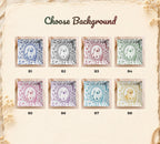 Background color options chart showing eight custom pet portrait ring dishes labeled B1 through B8 with various floral toile
