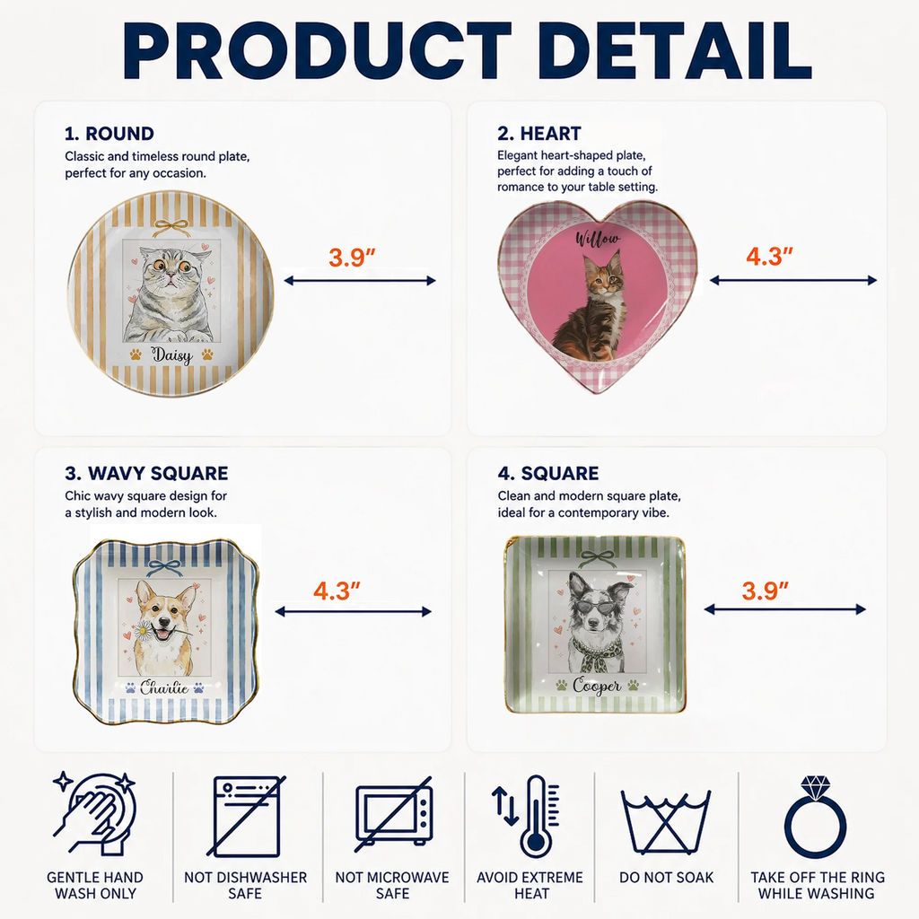 Infographic detailing round, heart, wavy square, and square custom pet portrait ceramic ring dish sizes and care icons.