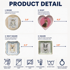 Infographic detailing round, heart, wavy square, and square custom pet portrait ceramic ring dish sizes and care icons.