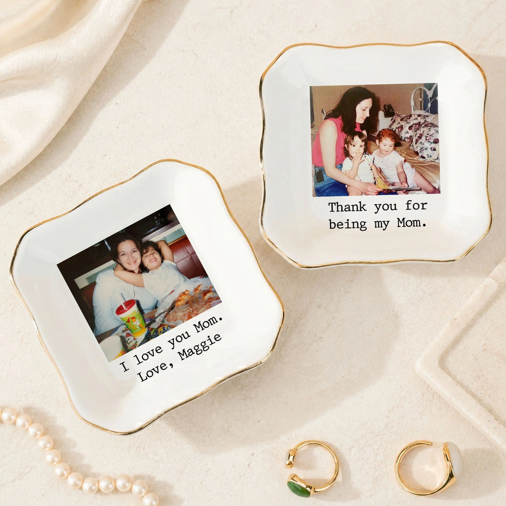 Close-up of Custom Photo Trinket Dish Personalized Ceramic Jewelry Ring Holder Gift for Mom Grandma