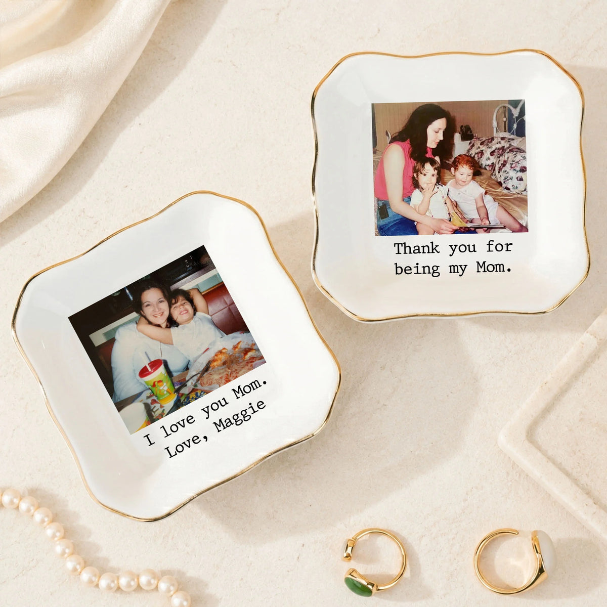 Close-up of Custom Photo Trinket Dish Personalized Ceramic Jewelry Ring Holder Gift for Mom Grandma