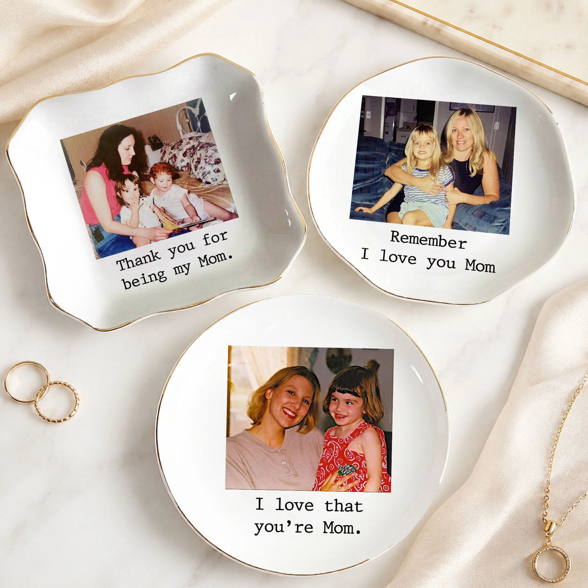Close-up of Custom Photo Trinket Dish Personalized Ceramic Jewelry Ring Holder Gift for Mom Grandma