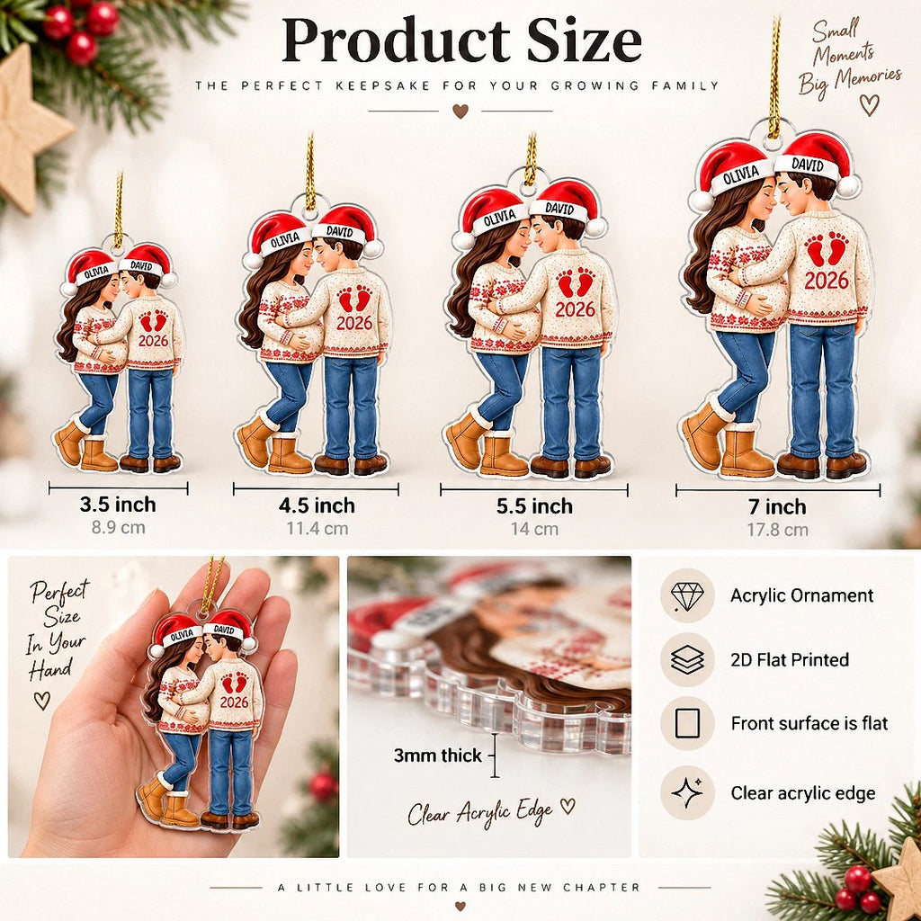 Close-up of Custom Pregnancy Announcement Ornament Personalized First Christmas With Baby Couple Gift For Expect