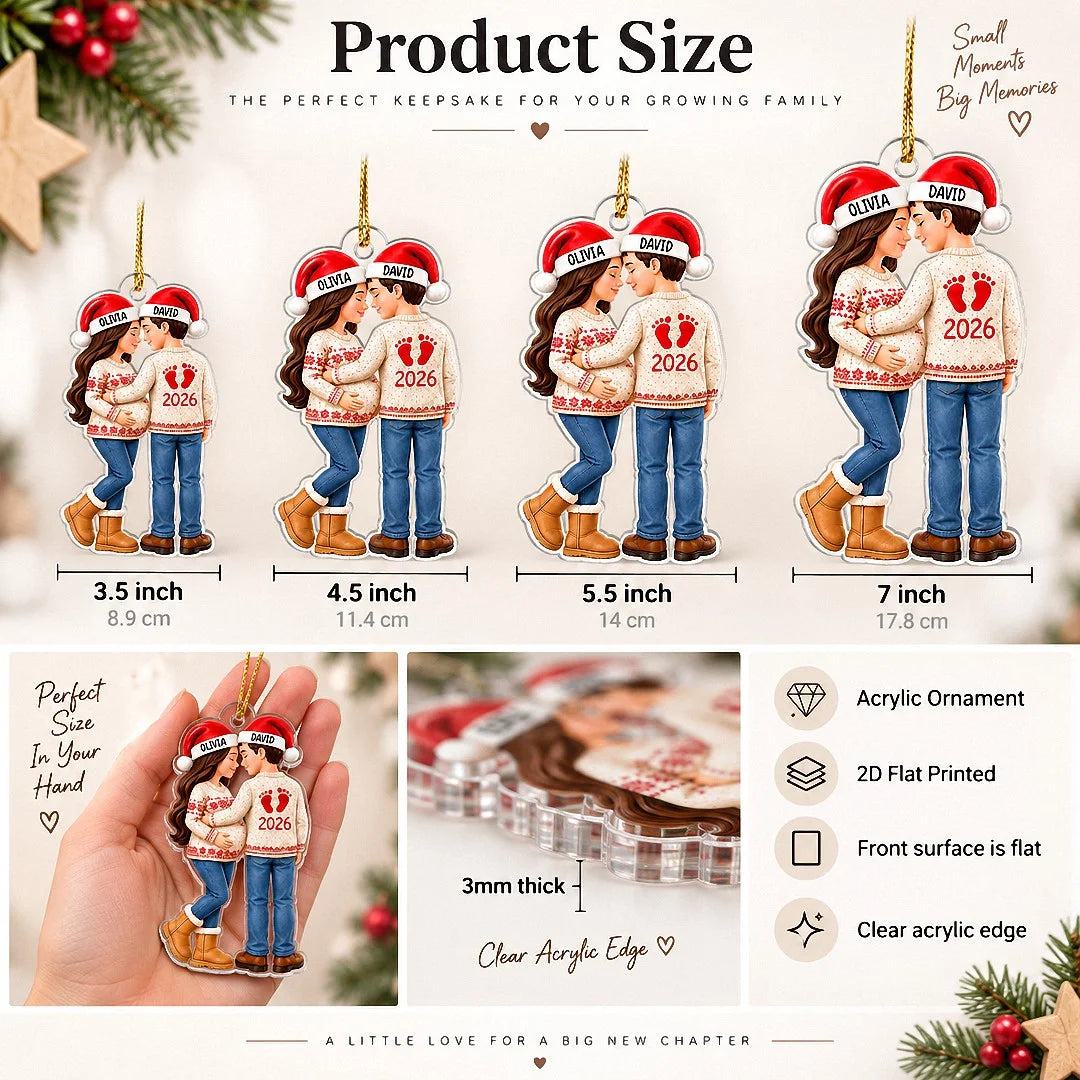 Close-up of Custom Pregnancy Announcement Ornament Personalized First Christmas With Baby Couple Gift For Expect