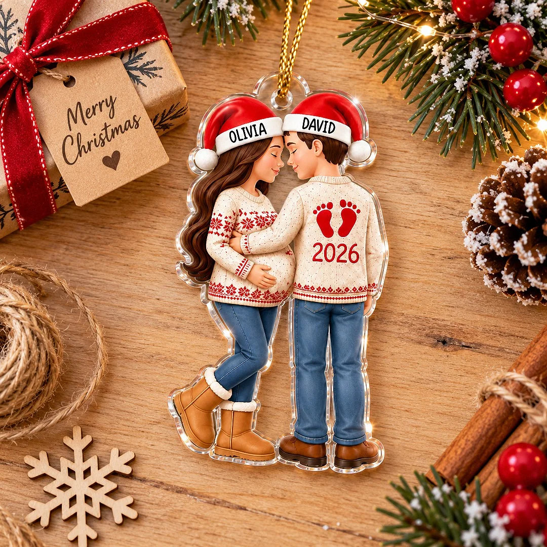Close-up of Custom Pregnancy Announcement Ornament Personalized First Christmas With Baby Couple Gift For Expect