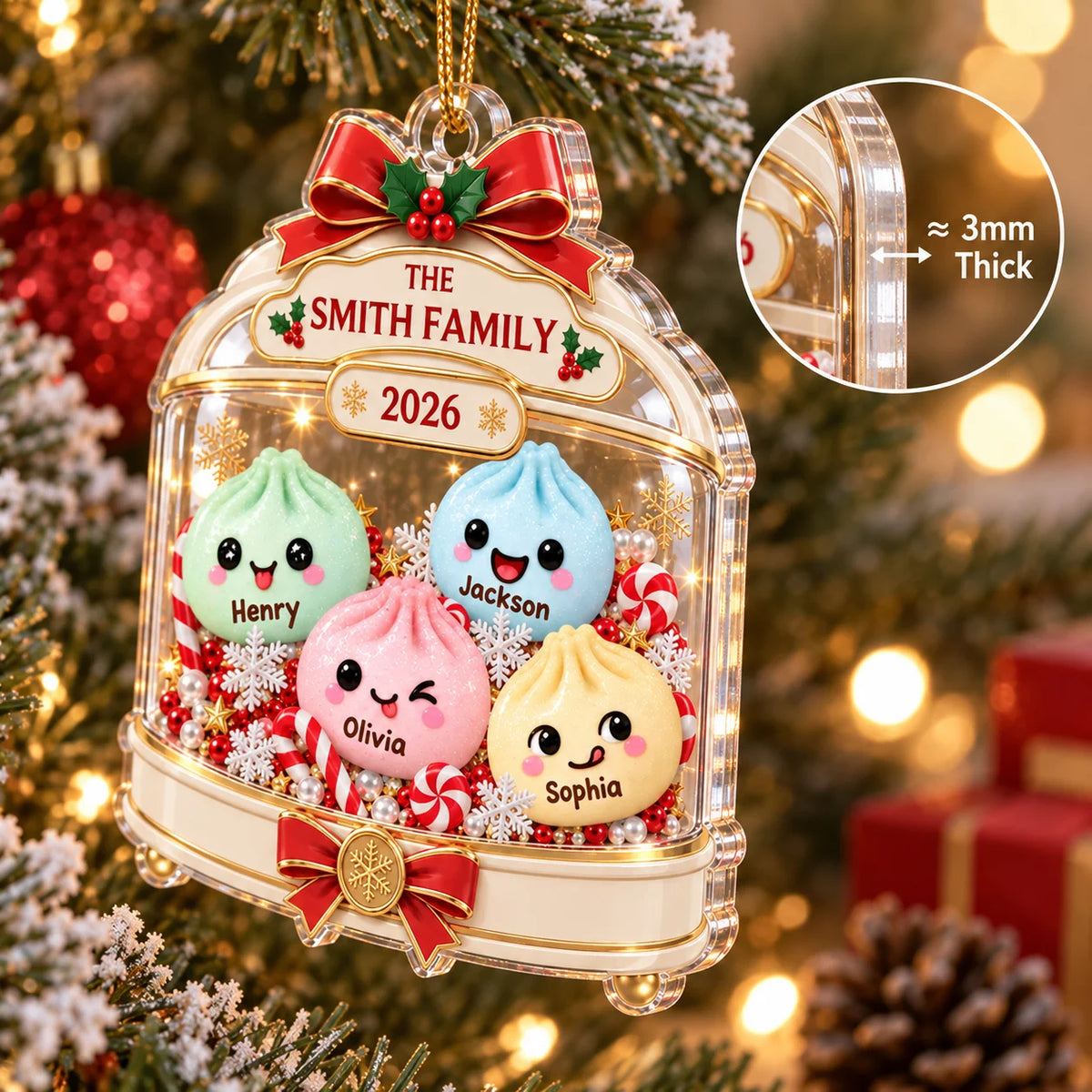 Close-up of Cute Dumpling Family Christmas Ornament Personalized Acrylic Holiday Tree Decor Gift