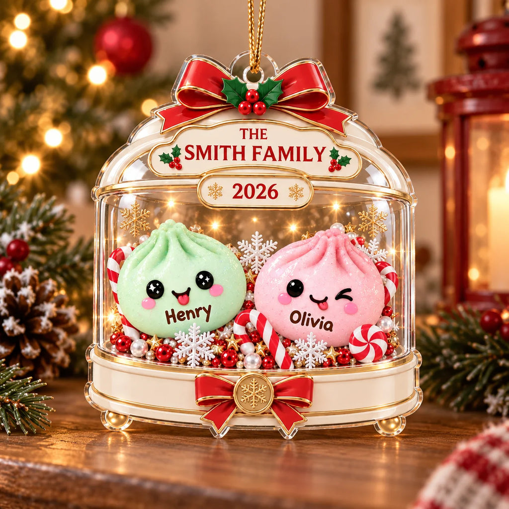 Close-up of Cute Dumpling Family Christmas Ornament Personalized Acrylic Holiday Tree Decor Gift