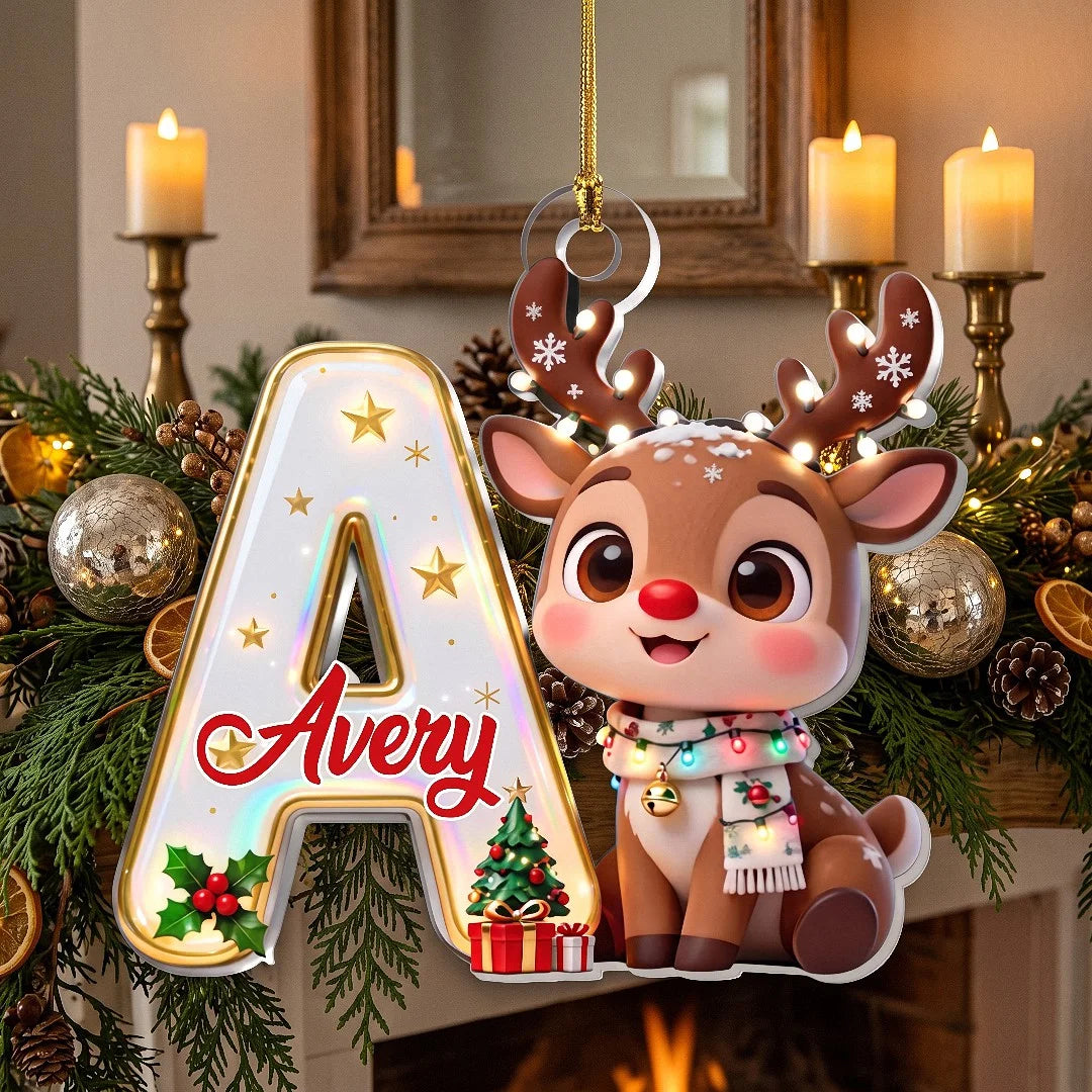 Cute Reindeer Initial Letter Acrylic Ornament, Personalized Alphabet Christmas Tree Keepsake Holiday on a hanger, ready to ship from Los Angeles