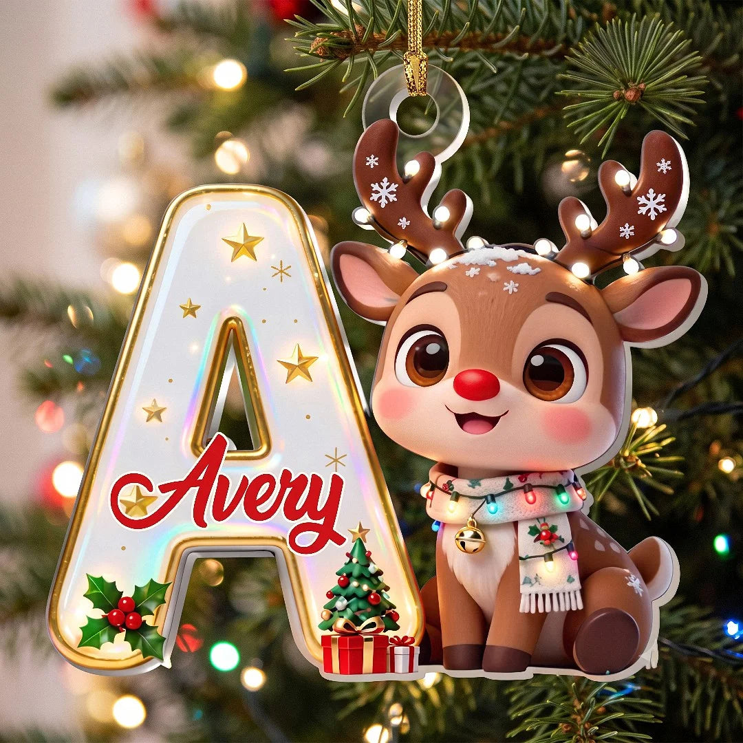 Customer in Los Angeles wearing Cute Reindeer Initial Letter Acrylic Ornament, Personalized Alphabet Christmas Tree Keepsake Holiday