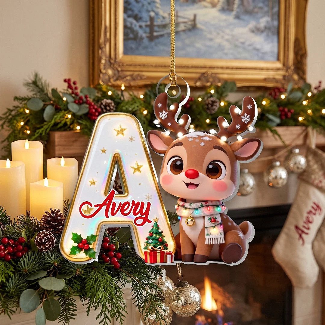 Customer in Los Angeles wearing Cute Reindeer Initial Letter Acrylic Ornament, Personalized Alphabet Christmas Tree Keepsake Holiday
