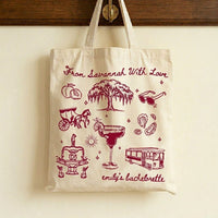 Custom Savannah Bachelorette Girls Trip Favor Canvas Tote Bag Bridesmaids Bridal Party Southern Charm Coastal Preppy Aesthetic Natural Cotton Canvas Reusable Welcome Gift Bag Weeping Willow Peach Print Weekend Getaway Hangover Kit