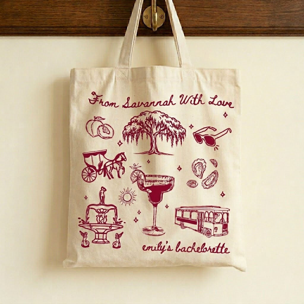 Custom Savannah Bachelorette Girls Trip Favor Canvas Tote Bag Bridesmaids Bridal Party Southern Charm Coastal Preppy Aesthetic Natural Cotton Canvas Reusable Welcome Gift Bag Weeping Willow Peach Print Weekend Getaway Hangover Kit