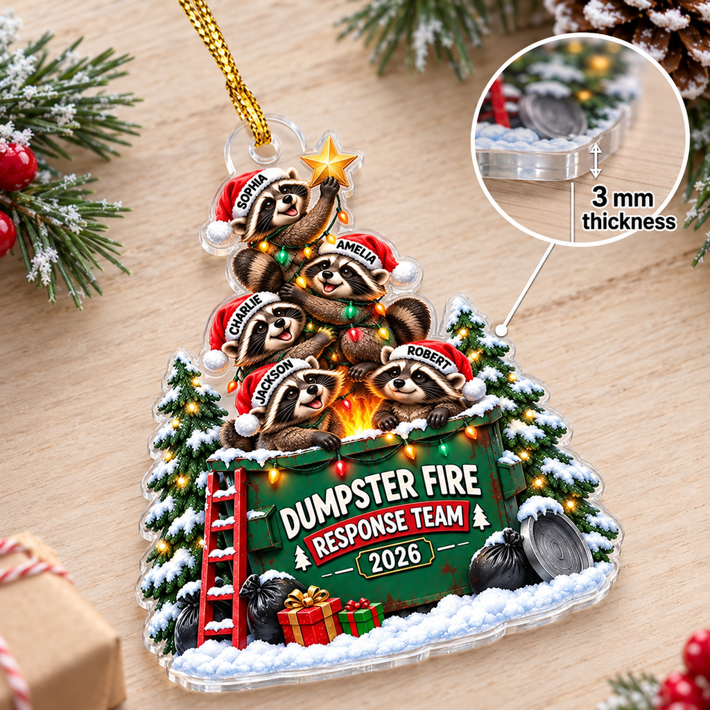 Customer in Los Angeles wearing Dumpster Fire Response Team Christmas Ornament Funny Raccoon Trash Can Holiday Gift