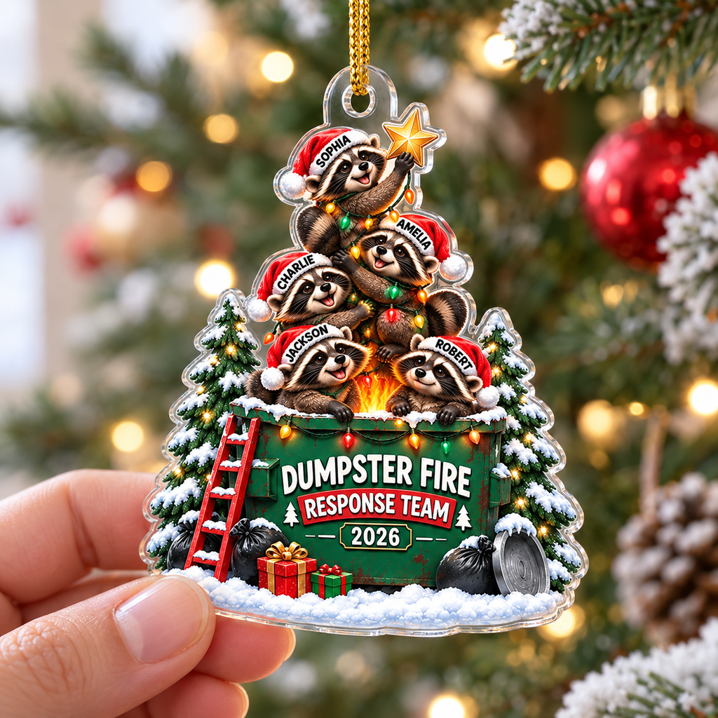 Close-up of Dumpster Fire Response Team Christmas Ornament Funny Raccoon Trash Can Holiday Gift for streetwear fans in Los Angeles