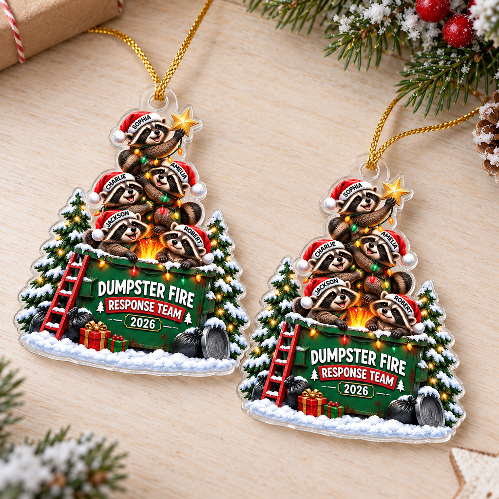 Close-up of Dumpster Fire Response Team Christmas Ornament Funny Raccoon Trash Can Holiday Gift for streetwear fans in Los Angeles