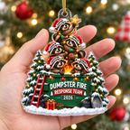 Customer in Los Angeles wearing Dumpster Fire Response Team Christmas Ornament Funny Raccoon Trash Can Holiday Gift