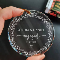 Engaged Ornament Personalized Floral Wreath Keepsake, Custom Name And Date Glass Engagement Ornament on a hanger, ready to ship from Los Angeles