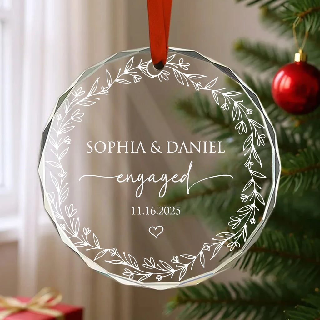 Engaged Ornament Personalized Floral Wreath Keepsake, Custom Name And Date Glass Engagement Ornament