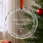 Engaged Ornament Personalized Floral Wreath Keepsake, Custom Name And Date Glass Engagement Ornament