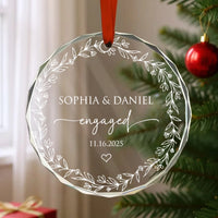 Customer in Los Angeles wearing Engaged Ornament Personalized Floral Wreath Keepsake, Custom Name And Date Glass Engagement Ornament