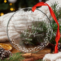 Close-up of Engaged Ornament Personalized Floral Wreath Keepsake, Custom Name And Date Glass Engagement Ornament for streetwear fans in Los Angeles