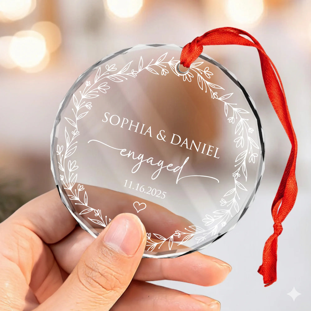 Customer in Los Angeles wearing Engaged Ornament Personalized Floral Wreath Keepsake, Custom Name And Date Glass Engagement Ornament