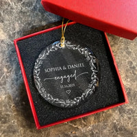 Engaged Ornament Personalized Floral Wreath Keepsake, Custom Name And Date Glass Engagement Ornament available at our Los Angeles warehouse