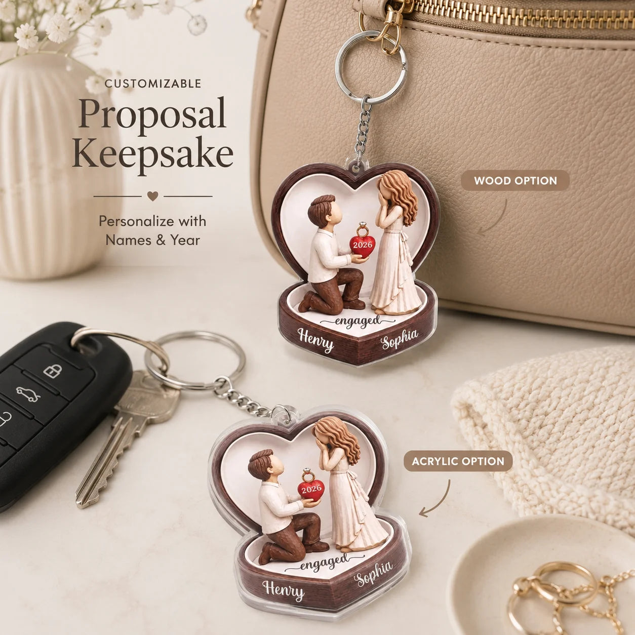 Personalized Engagement Christmas Ornament For Engaged Couples Romantic Rustic Heart Shaped Faux Wood Proposal Scene Custom Names Diamond Ring Detail First Christmas Engaged Holiday Tree Decor Anniversary Christmas Wedding Keepsake  Gift AST-1467-0703