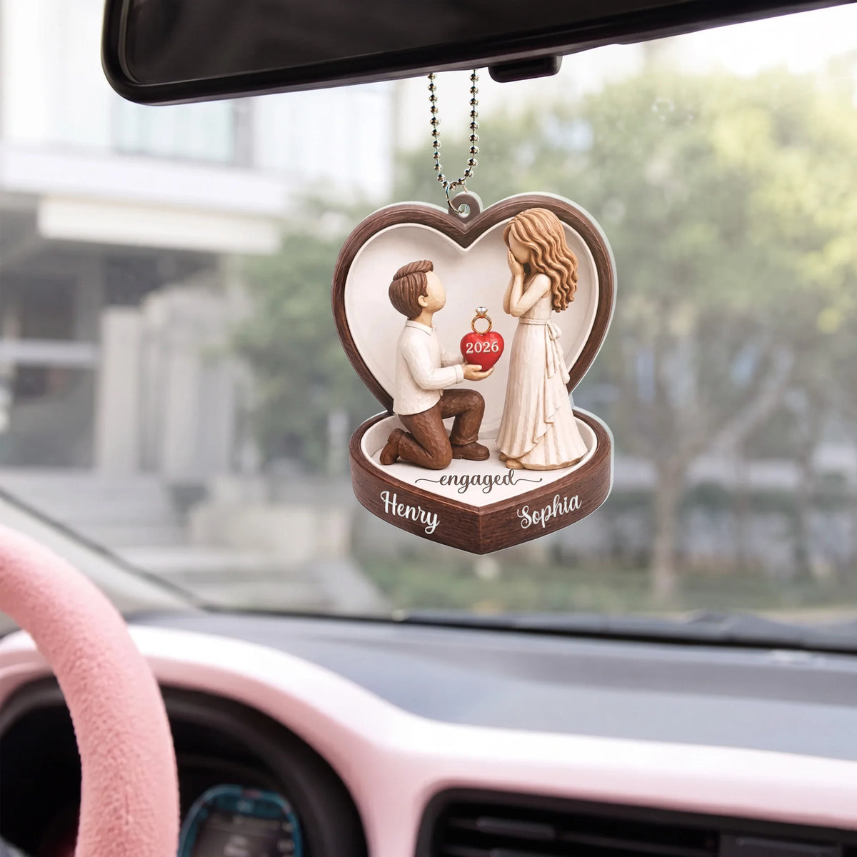 Personalized Engagement Christmas Ornament For Engaged Couples Romantic Rustic Heart Shaped Faux Wood Proposal Scene Custom Names Diamond Ring Detail First Christmas Engaged Holiday Tree Decor Anniversary Christmas Wedding Keepsake  Gift AST-1467-0703