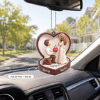 Custom engagement ornament hanging from a rearview mirror with a callout box noting flat 2D print design over a car